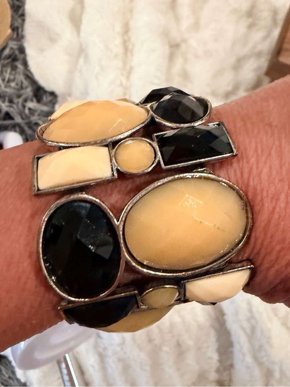 Statement Black and Cream Stone Stretch Bracelet